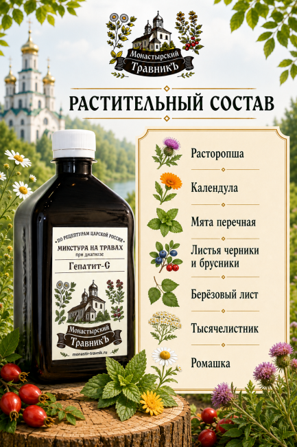 Микстура на травах "При диагнозе Гепатит-С", 450 мл
