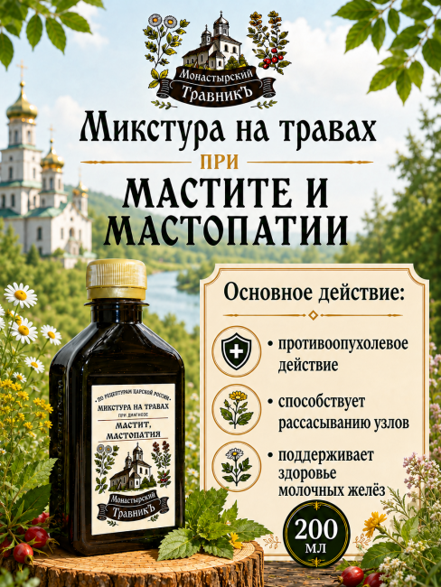 Микстура на травах "При диагнозе мастит, мастопатия" (опухоль доброкачественная), 200мл