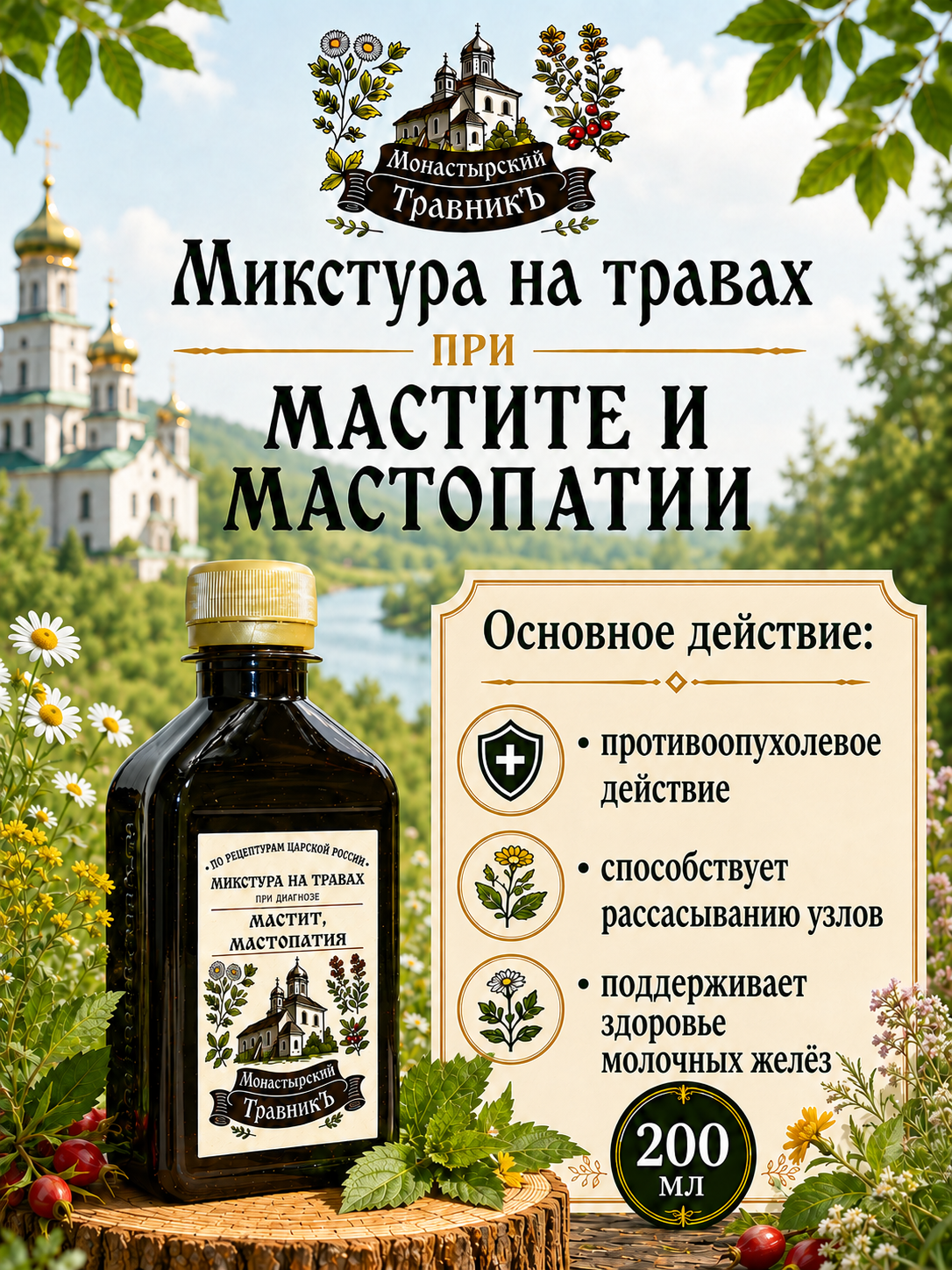 Микстура на травах "При диагнозе мастит, мастопатия" (опухоль доброкачественная), 200мл