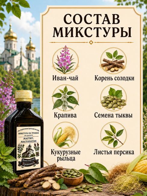Микстура на травах "При диагнозе мастит, мастопатия" (опухоль доброкачественная), 200мл