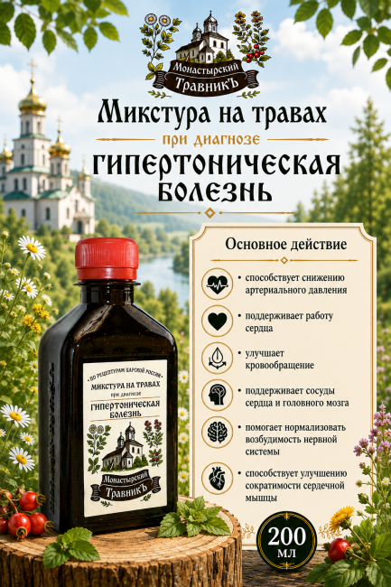 Микстура на травах "При диагнозе Гипертоническая болезнь", 200мл