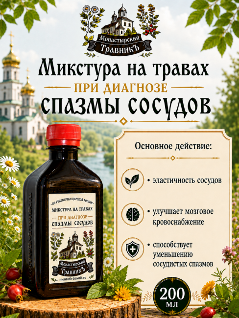 Микстура на травах "При диагнозе спазмы сосудов", 200мл